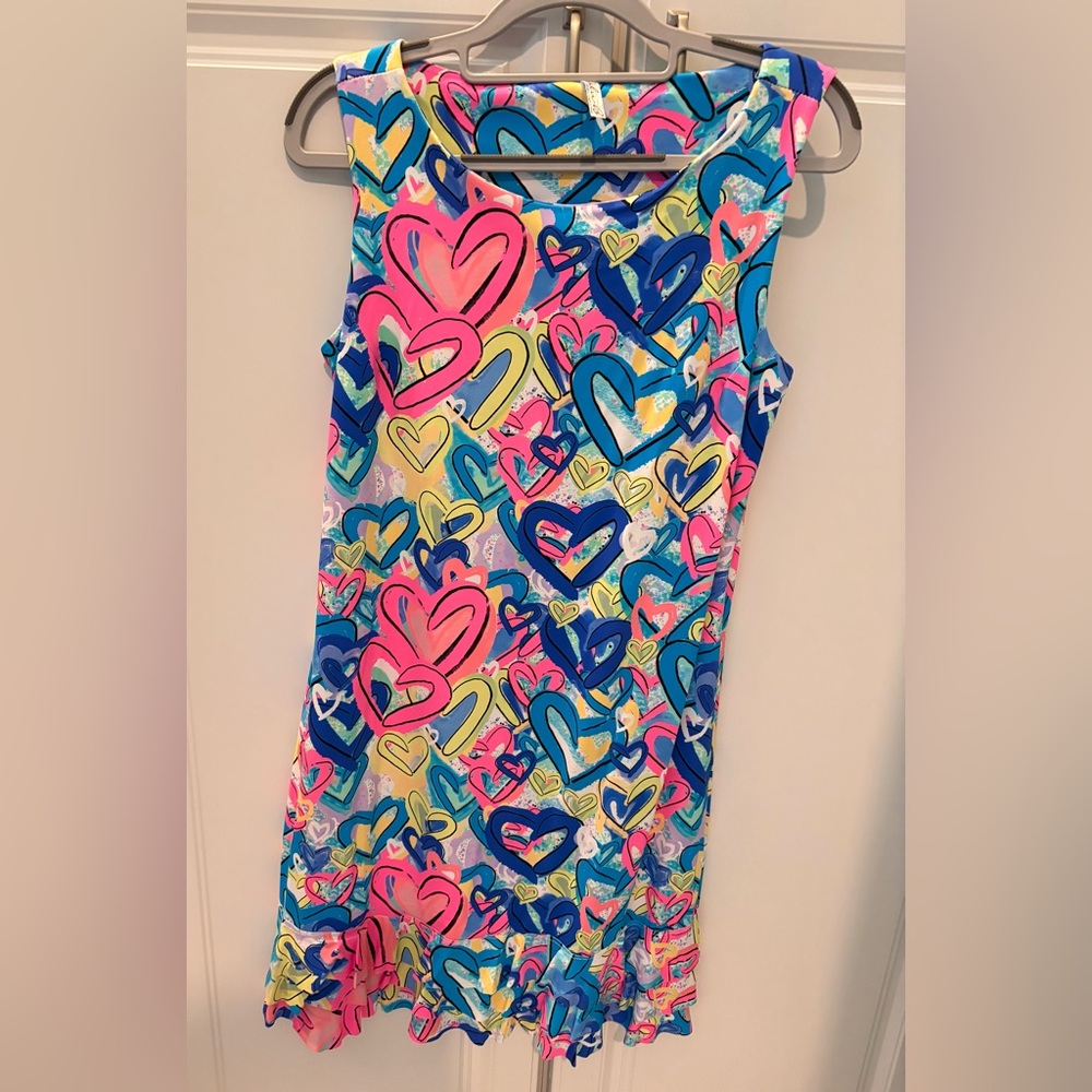 Lulu-B Multicolor Heart Print Dress with a fun ruffle along the bottom!